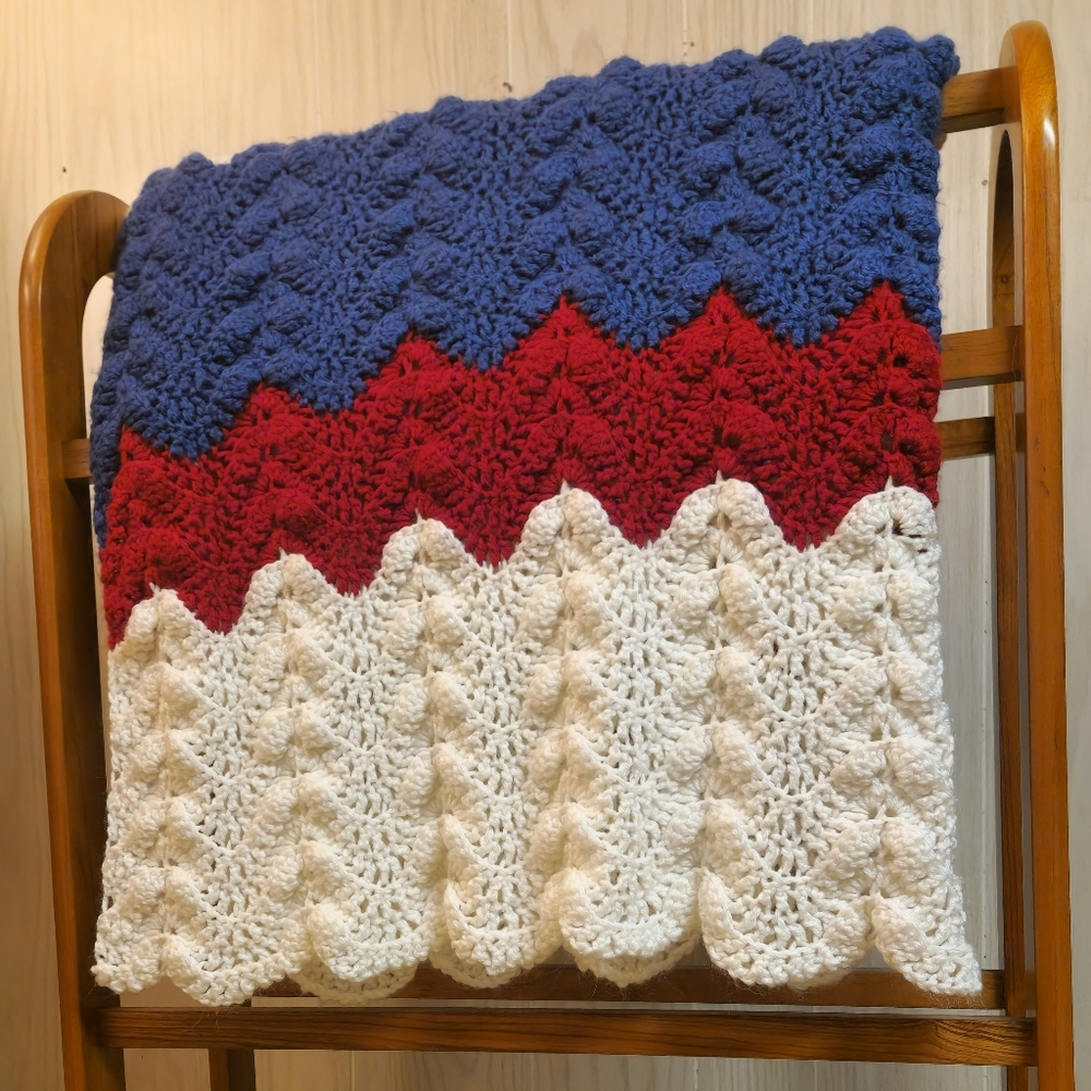 Vintage Handmade Red, White, and Blue Crochet Afghan Blanket